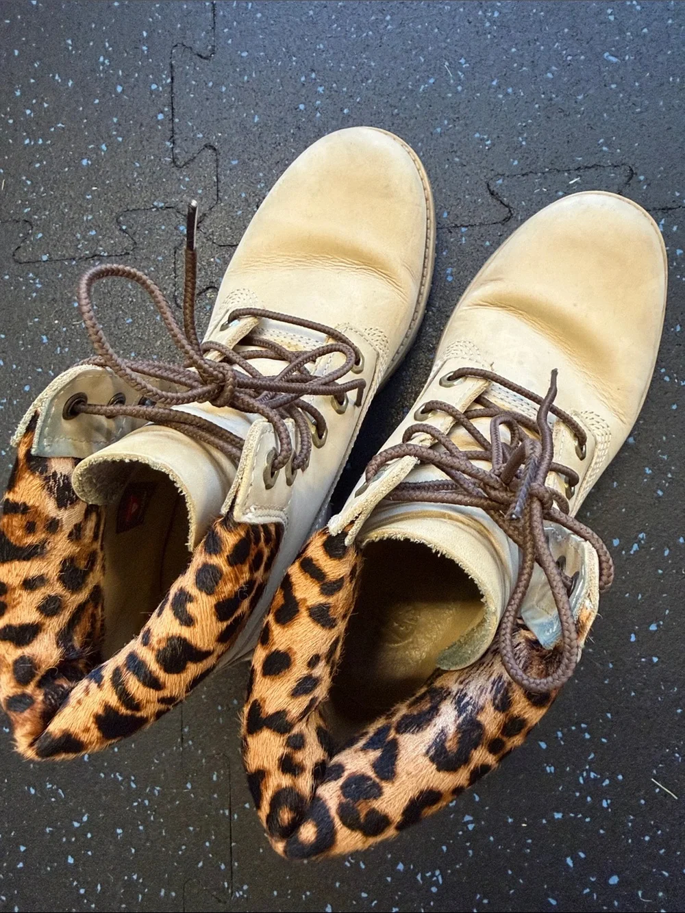 Timberland Tan Lace-Up Boots with Leopard-Print Collar